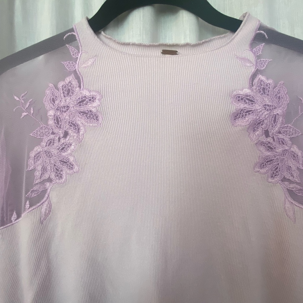 Free People Romantic Lilac Long Sleeve Top with Mesh Shoulders Floral Embroidery - Picture 3 of 9